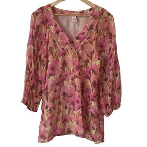 Sundance Floral Watercolor Pink 3/4 Sleeve V-Neck Blouse Size Small 100% Silk